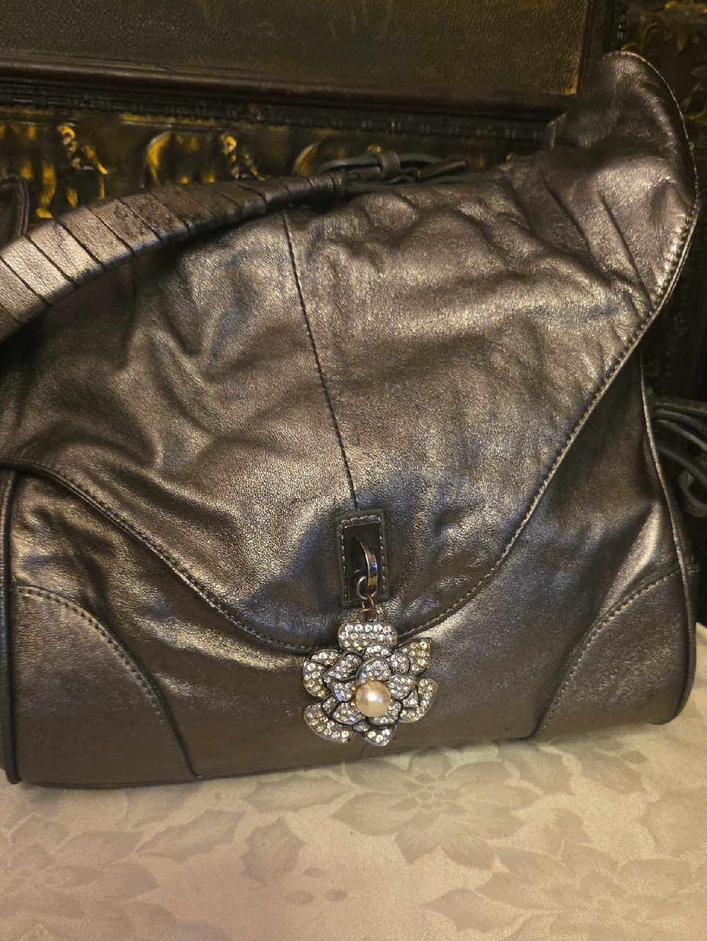 Metallic Black Women's Shoulder Bag with Floral Crystal Charm
